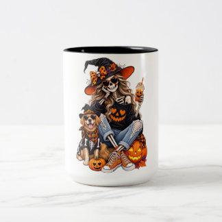 Bicolor Taza de café de Halloween de bruja esqueleto con p