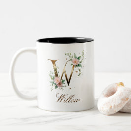 Bicolor Taza de café de lujo de dos tonos con inicial flor