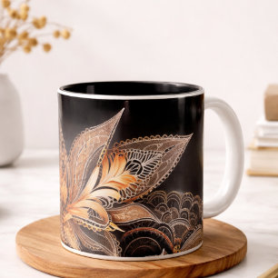 Bicolor Taza de café de mármol con plumas negras y doradas
