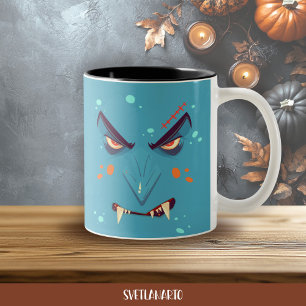 Bicolor Taza de café de vampiro gruñón azul de Halloween