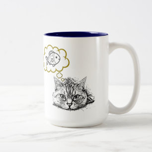 Bicolor Taza De Café Dibujada A Mano De Gato Soñando Con P