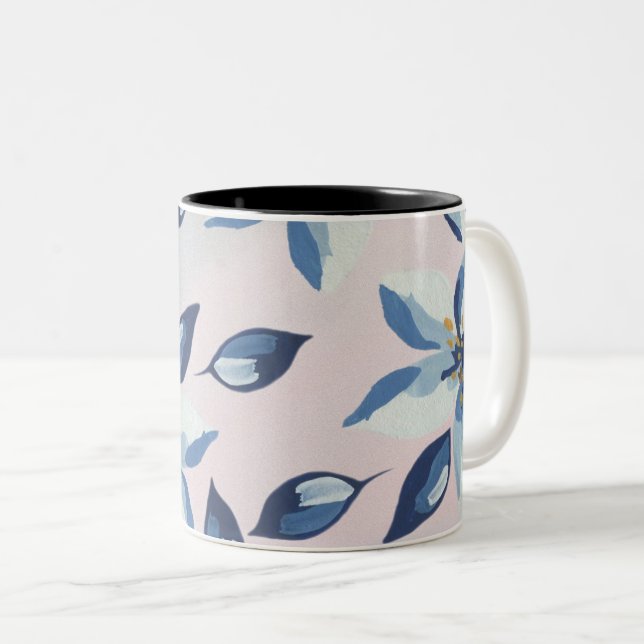 Bicolor Taza de café floral azul. (Anverso derecho)