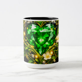 Bicolor Taza de café floral con corazón de esmeralda elega
