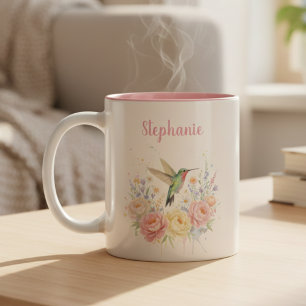 Bicolor Taza de café floral de colibrí – Regalo rosa paste