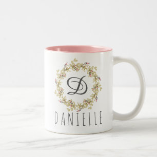 Bicolor Taza de café floral del monograma de la guirnalda
