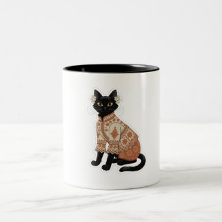 Bicolor Taza de café gato negro floral de terracota