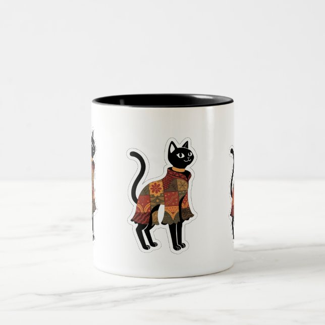 Bicolor Taza de café gato negro patchwork boho (Centro)