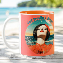 Bicolor Taza de café naranja retro para respirar y soñar