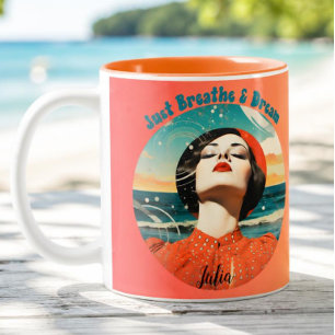 Bicolor Taza de café naranja retro para respirar y soñar