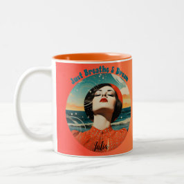Bicolor Taza de café naranja retro para respirar y soñar