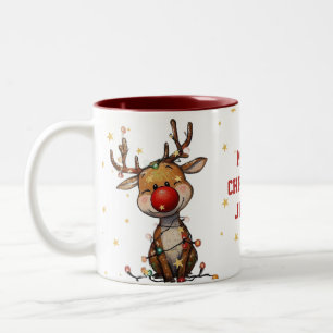Bicolor Taza de café navideña con ciervo rojo floral