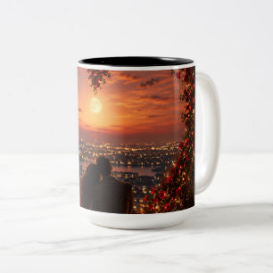 Bicolor Taza de café para parejas puesta de sol romántica