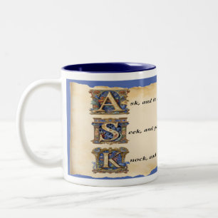 Bicolor Taza de café: Pide, busca y llama