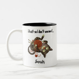 Bicolor Taza de café temática de gato divertido tejiendo r