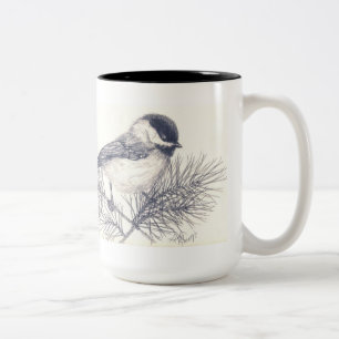 Bicolor Taza de Coffe del bosquejo del lápiz del Chickade