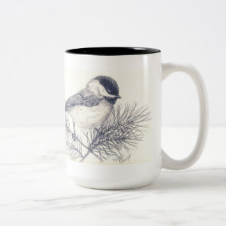Bicolor Taza de Coffe del bosquejo del lápiz del Chickadee
