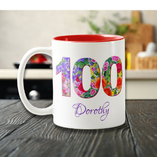 Bicolor Taza de cumpleaños 100 años floral nombre taza cum