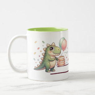 Bicolor Taza de cumpleaños de dinosaurio lindo con nombre 
