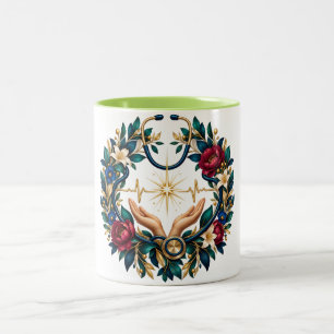 Bicolor Taza de dos tonos con corona de símbolo médico flo