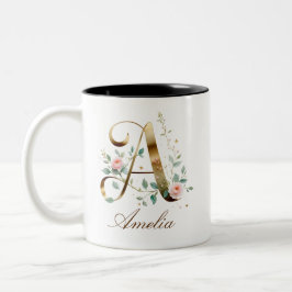 Bicolor Taza de dos tonos con monograma de letra A floral 