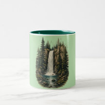 Taza de dos tonos de paisaje de cascada en el bosq