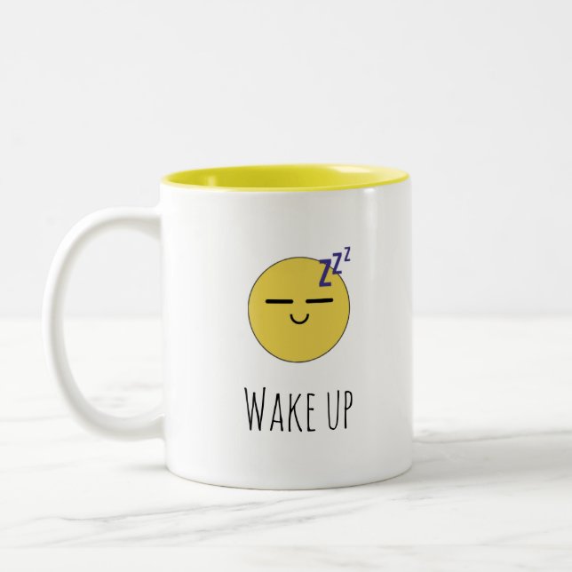 Bicolor Taza de Emoji Durmiente "Despierta" (Izquierda)