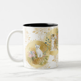 Bicolor Taza de gatos adorables dorado blanco acuarela