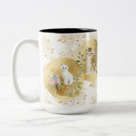 Bicolor Taza de gatos adorables dorado blanco acuarela 15