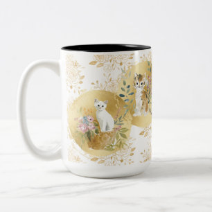 Bicolor Taza de gatos adorables dorado blanco acuarela 15