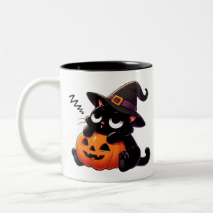 Bicolor Taza de Halloween de gato bruja abrazando calabaza