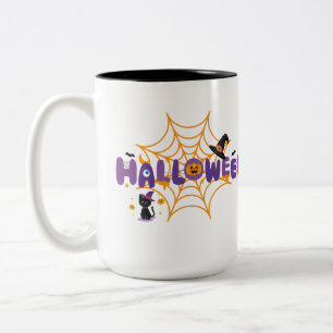 Bicolor Taza de Halloween espeluznante con gato negro y te
