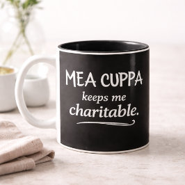 Bicolor Taza de humor católico Mea Cuppa Keeps Me Charitab