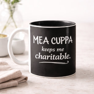 Bicolor Taza de humor católico Mea Cuppa Keeps Me Charitab