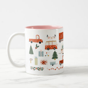 Bicolor Taza de ilustración vintage de Navidad camiones ro