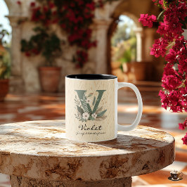 Bicolor Taza de monograma floral boho chic elegante para V