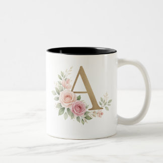 Bicolor Taza de monograma floral elegante A – Letra de luj