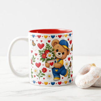 Bicolor Taza de osito de peluche lindo con flores y corazo