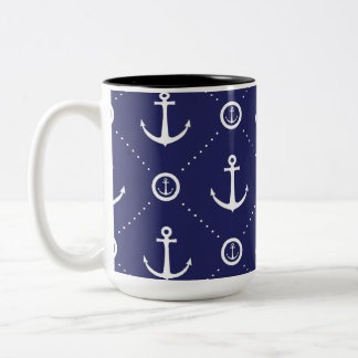 Bicolor Taza de patrón de ancla azul y blanco náutico