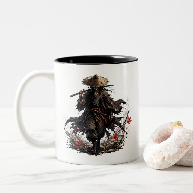 Bicolor Taza de Ronin Errante Místico | Guerrero Samurái e (Con donut)