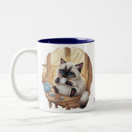 Bicolor Taza del gato siamés y taza de té
