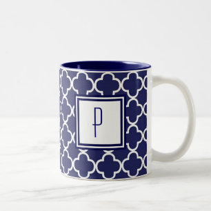 Bicolor Taza del monograma de Quatrefoil de los azules