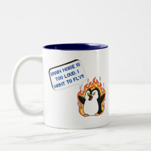 Bicolor Taza divertida de pingüino gritando demasiado ruid