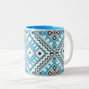 Bicolor Taza geométrica azul del bordado de Vyshyvanka de