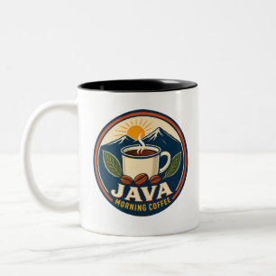 Bicolor Taza Java Morning Coffee Retro Badge Dos Tonos