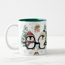 Taza navideña de pingüinos lindos