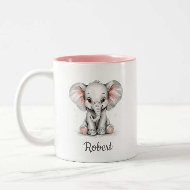 Bicolor Taza personalizada de acuarela de elefante bebé. (Izquierda)