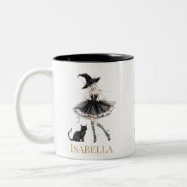 Bicolor Taza personalizada de bruja y gato negro con lazo 