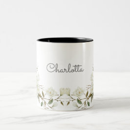 Bicolor Taza personalizada de flores blancas, nombre perso