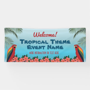 Bienvenida a evento temático tropical con pancarta