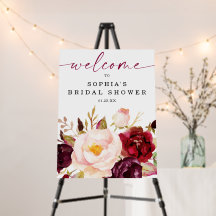 Bienvenida a la ducha nupcial floral Boho Borgoña